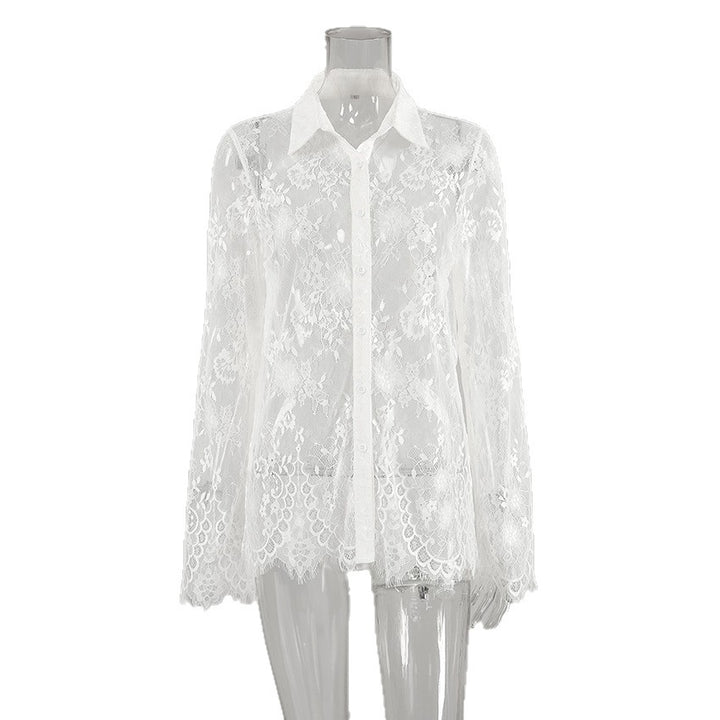 Dame spids bluse med gennemsigtigt design Stilla