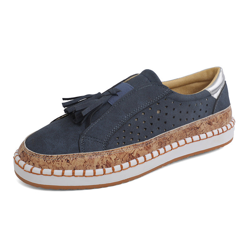 Dame nan perforeret Slip-On Sneaker med kvaster, kork-platform og dekorativ håndsyning Skovae