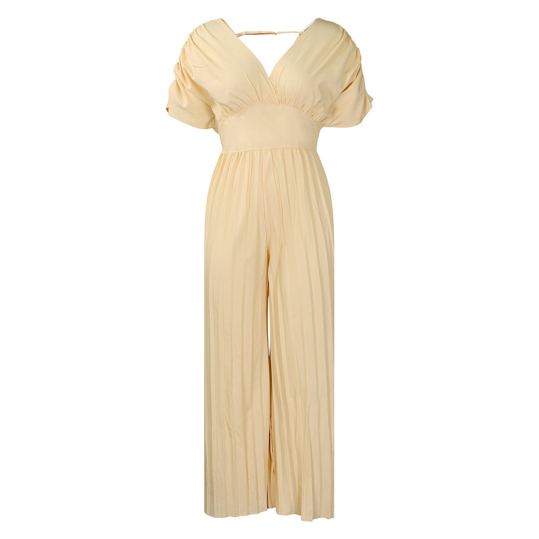 Dame Elegant Plisseret Jumpsuit med dyb V-udskæring og brede ærmer Stilla