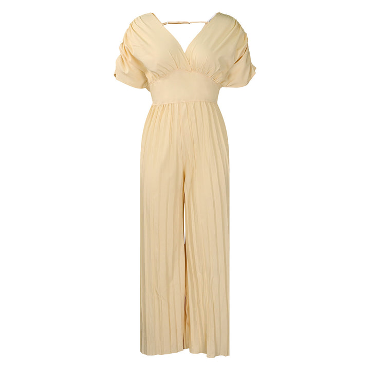 Dame Elegant Plisseret Jumpsuit med dyb V-udskæring og brede ærmer Stilla