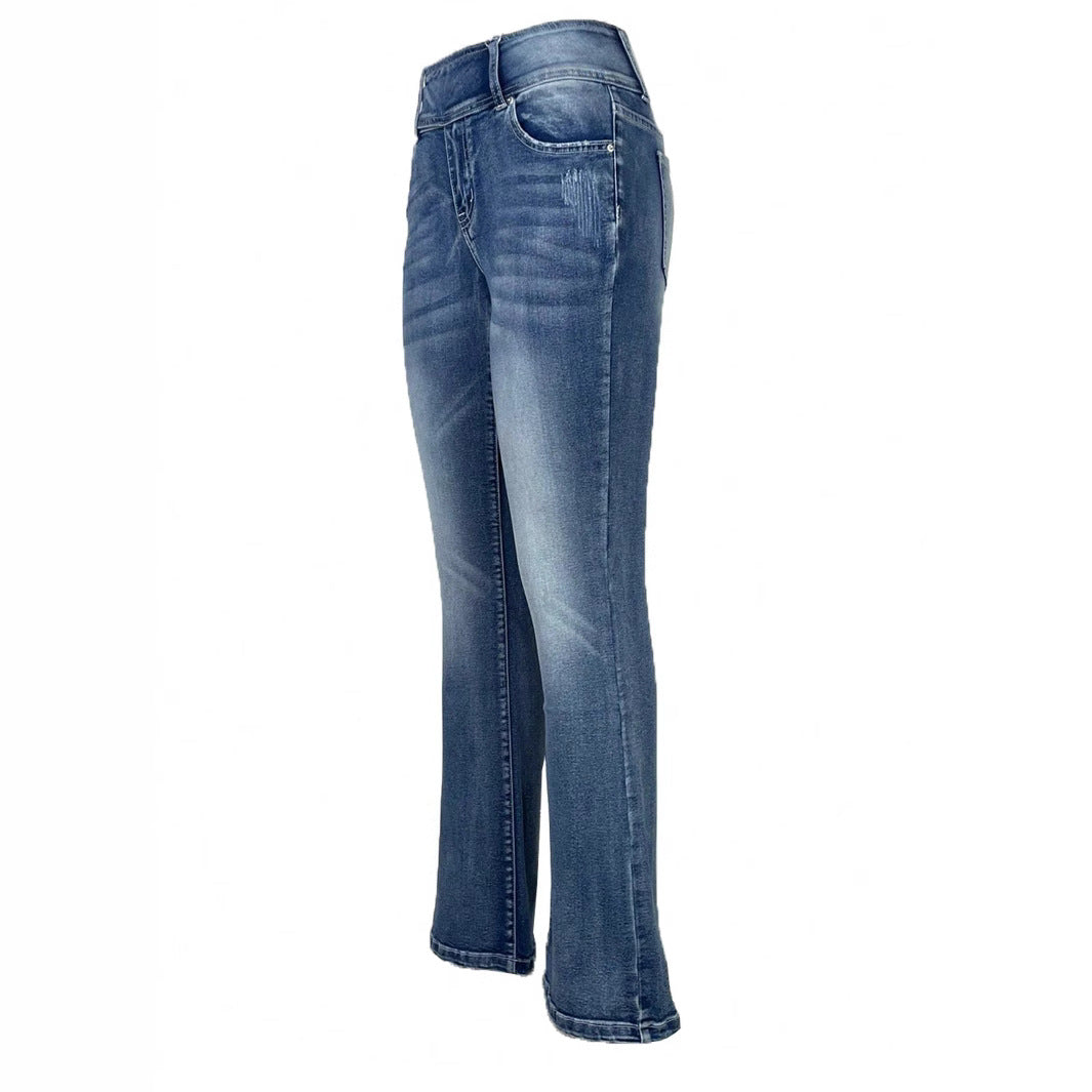 Dame Bootcut Jeans med høj talje og dekorative knapdetaljer Stilla