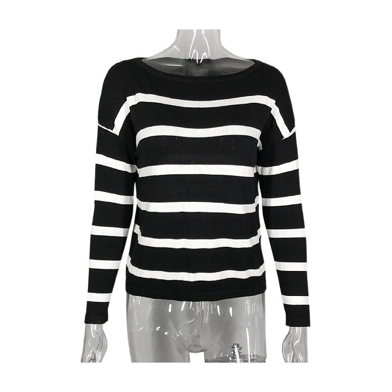Dame Stribet Pullover med bred krave og lange ærmer Stilla