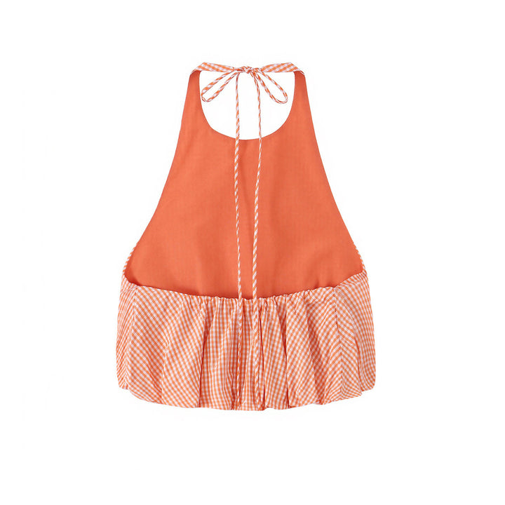 Dame haltertop med elastisk bund og ternet mønster Skovae