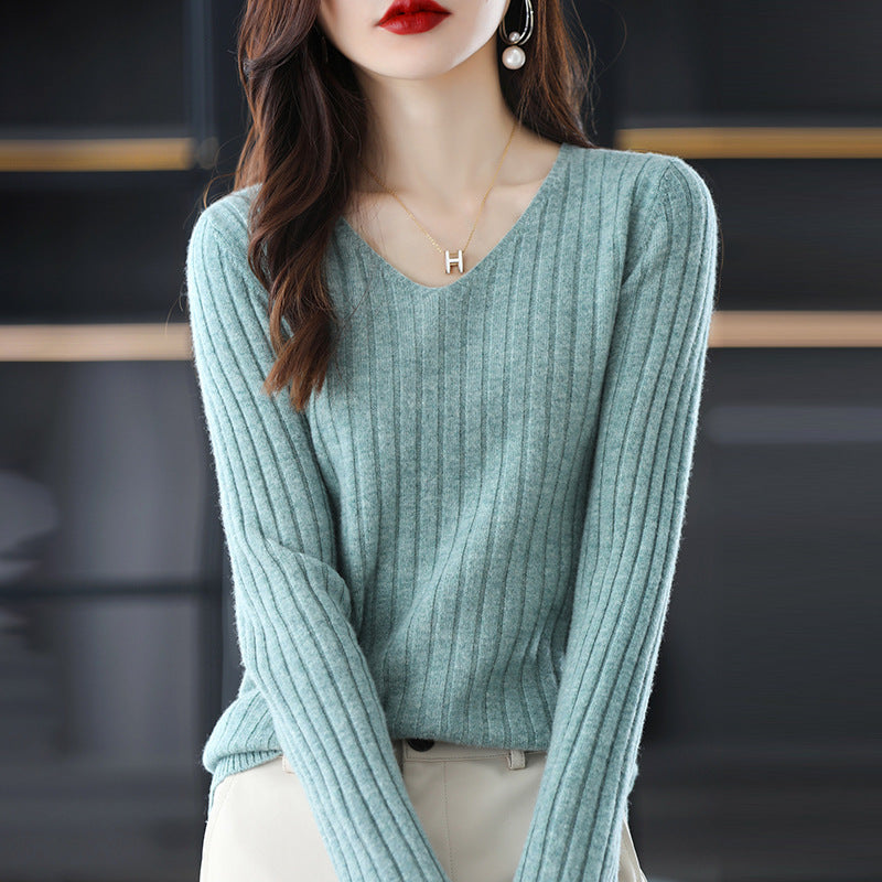 Femme Ribbet V-Udskæring Pullover Sweater Stilla