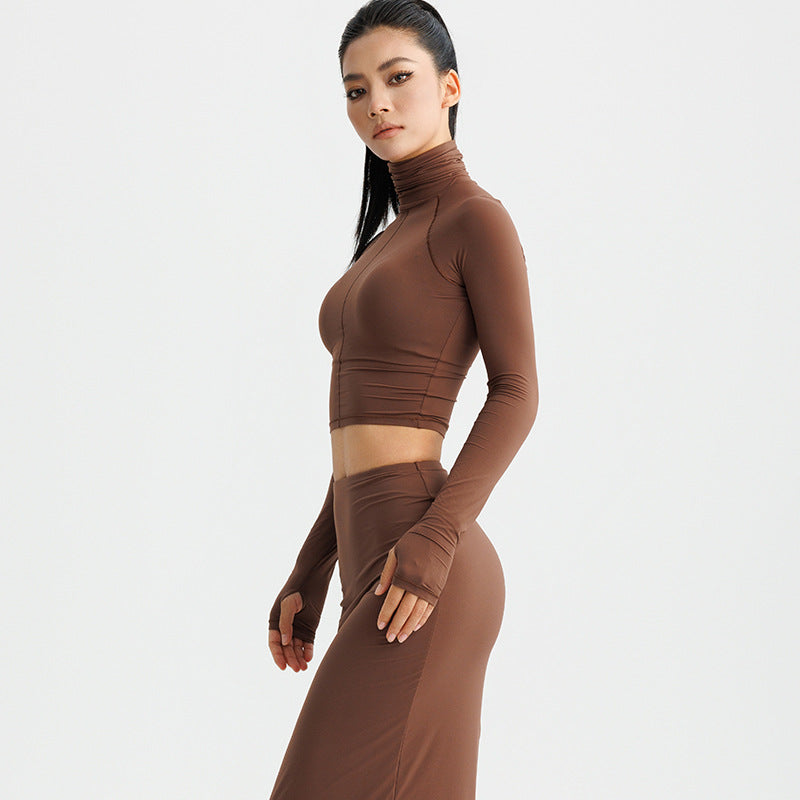 Damer cropped langærmet top med høj krave og rynkning Stilla