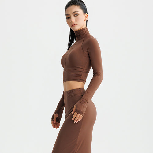 Damer cropped langærmet top med høj krave og rynkning Stilla