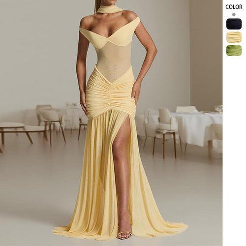 Kvinder Elegant Maxi Kjole med Off-Shoulder Design og Rynkning Stilla