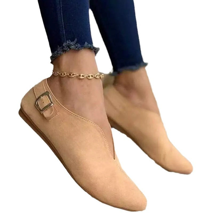 Dame nan spids tilspidsede slippers med V-udskæring og side metal spænde velourlæderlook Skovae