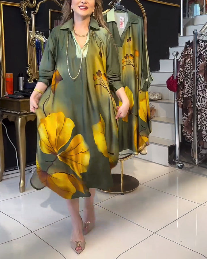 Dame nan oversized skjortekjole i A-linje-snit med skjortekrave og stort blomsterprint Skovae
