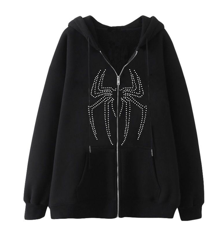Kvinders hoodie jakke med glitrende edderkop mønster og praktiske lommer Skovae