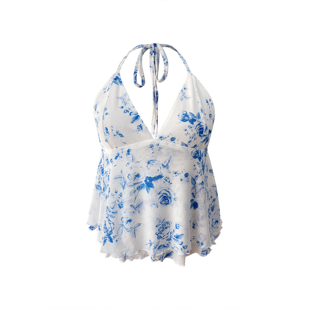 Damebluse med blomstermønster og U-udskæring Stilla