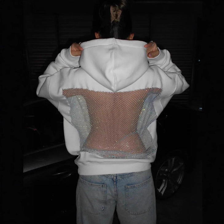 Dame med hættesweatshirt med transparent broderet rygparti Skovae