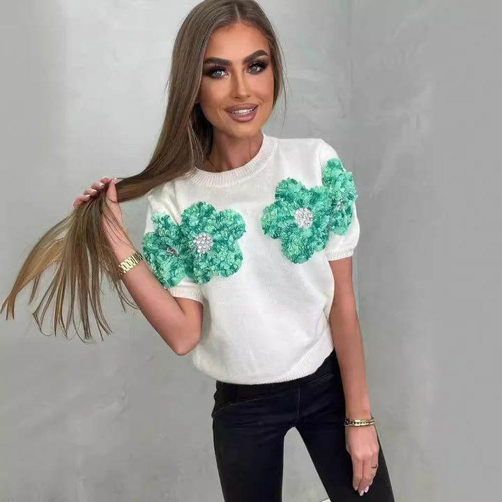 Dame strikpullover med blomster 3D-design Stilla