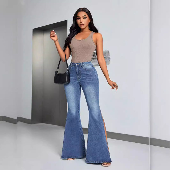 Kvindernes elegante højtaljede flagede jeans med sideslids Stilla