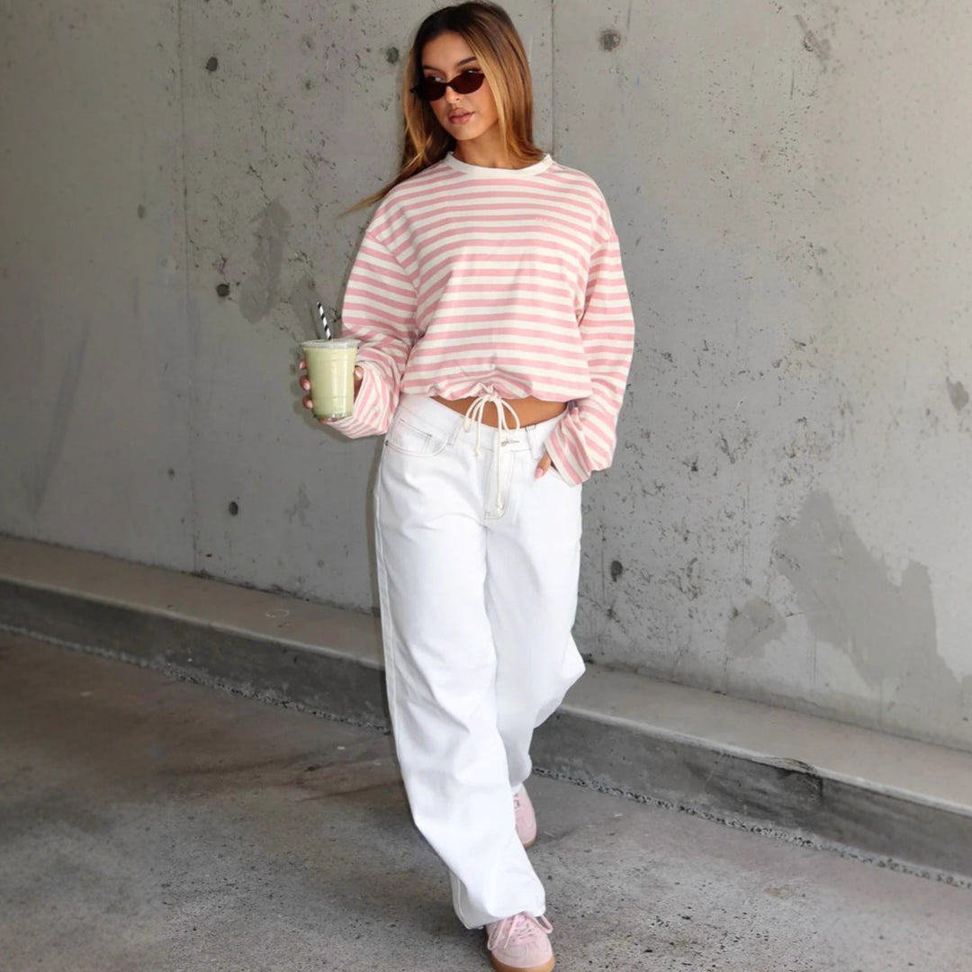 Kvindernes cropped sweatshirt med striber og elastisk talje Skovae