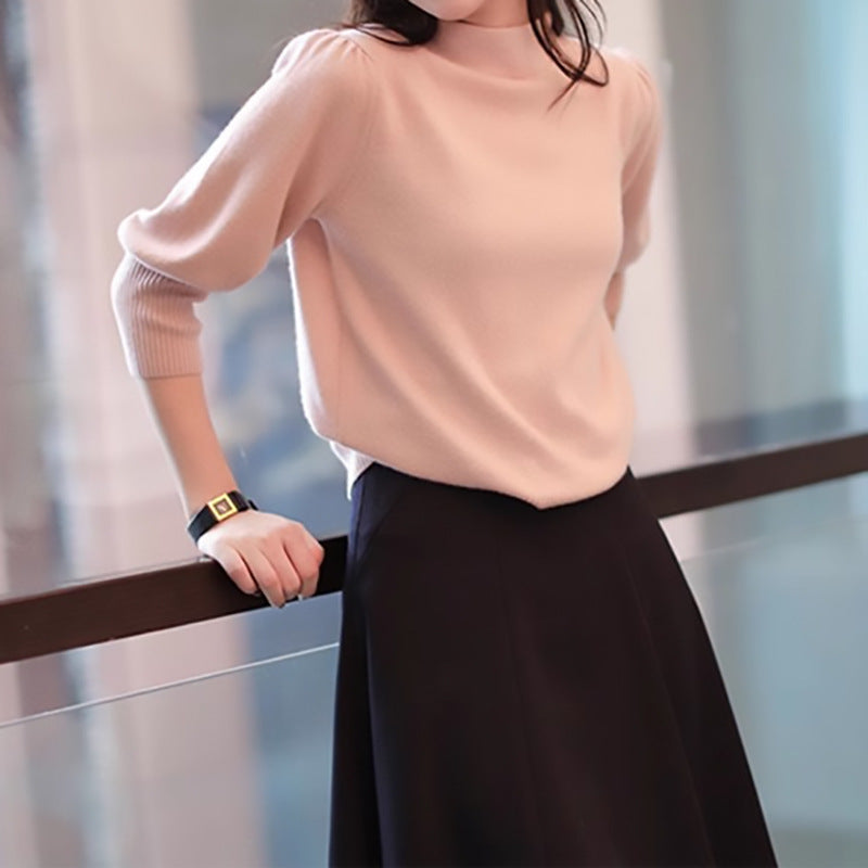 Dame elegant rullekrave sweater med voluminøse ærmer og ribdetaljer Stilla