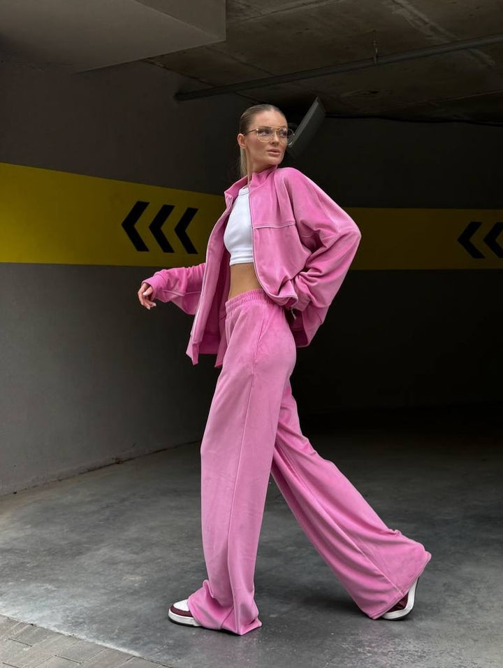 Damer sporty velour lounge sæt med høj talje og bredskårne bukser Skovae