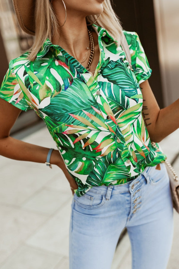 Dame Tropical Print Korte Ærmer Skjorte med Knapliste Stilla