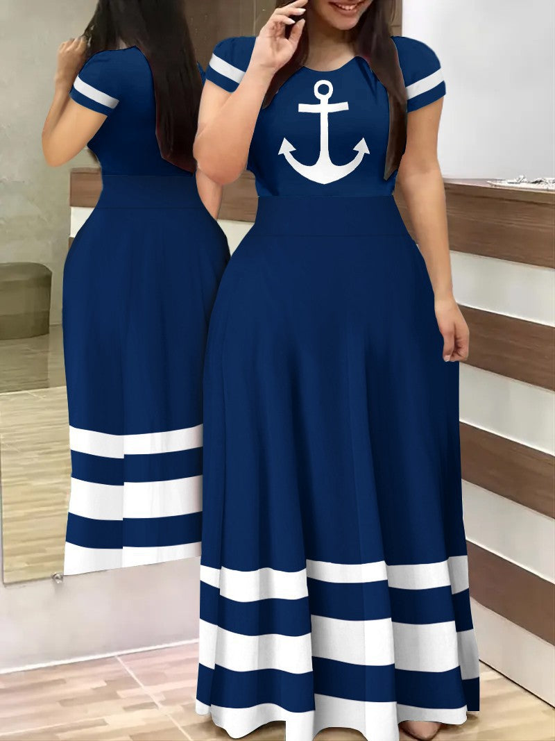 Dame Maxi-kjole med anker-motiv og striber Stilla