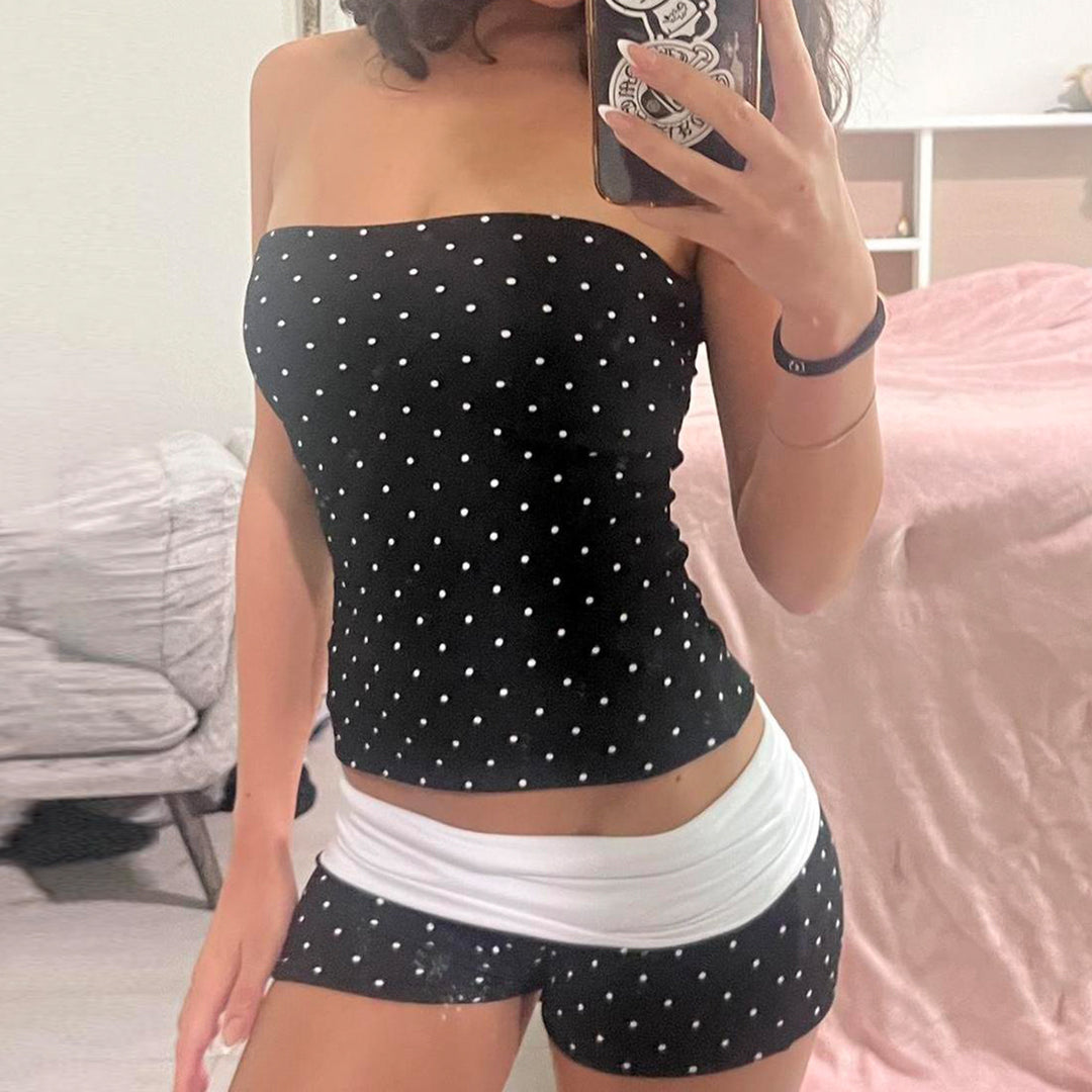 Damen Bandeau-Badeanzug mit Polka Dots und Shorts Skovae