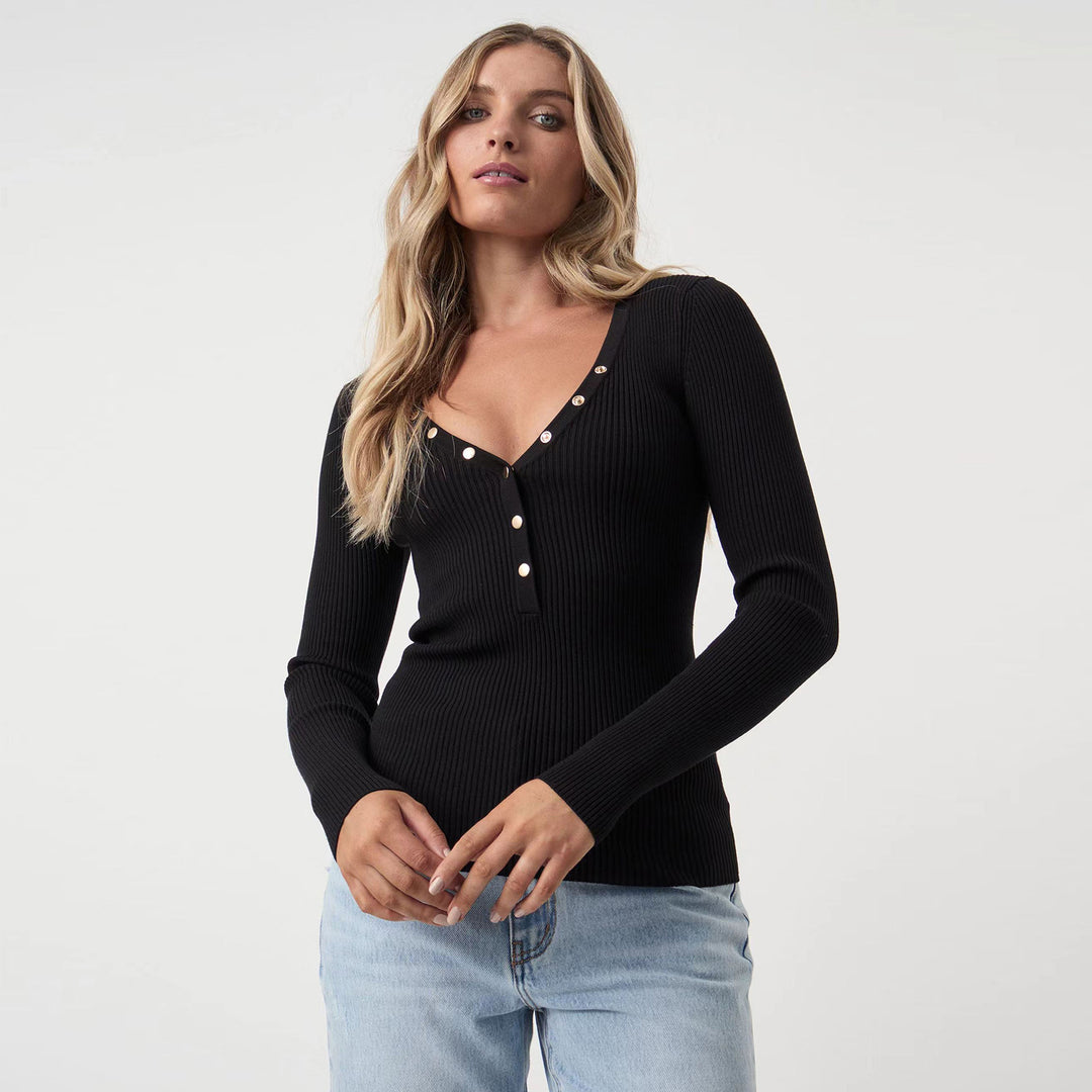 Dame figursyet ribtop med dekorerede knapper Stilla