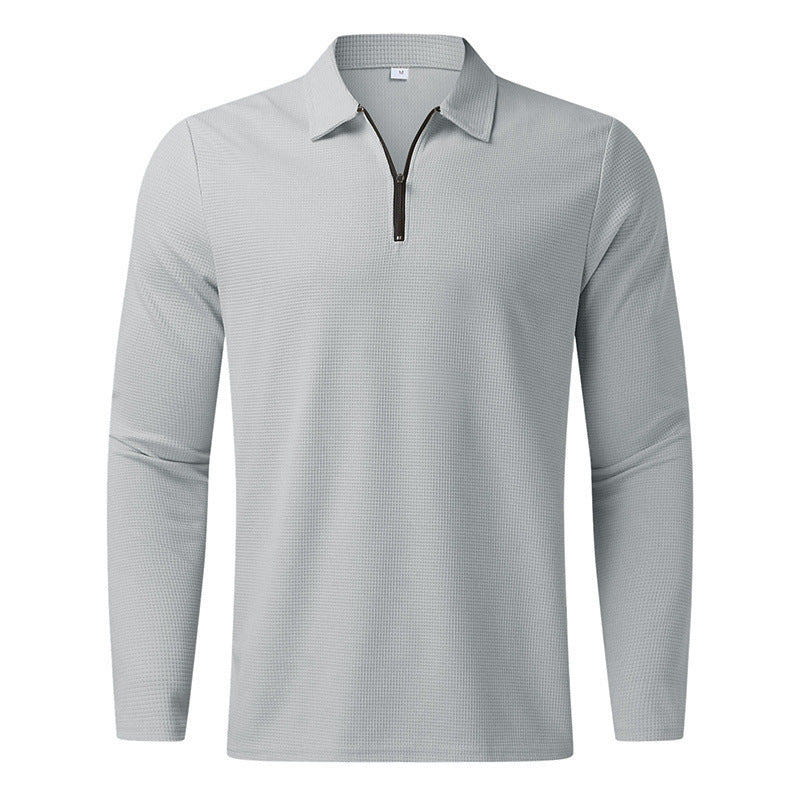 Herre langærmet poloshirt med kentkrave, kort frontlynlås og fin vaffelstruktur Skovae
