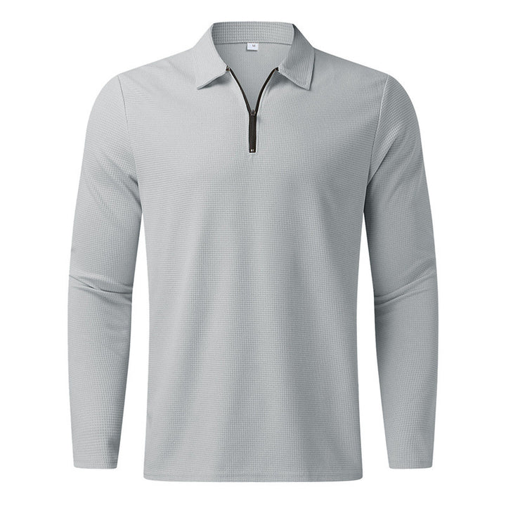 Herre langærmet poloshirt med kentkrave, kort frontlynlås og fin vaffelstruktur Skovae