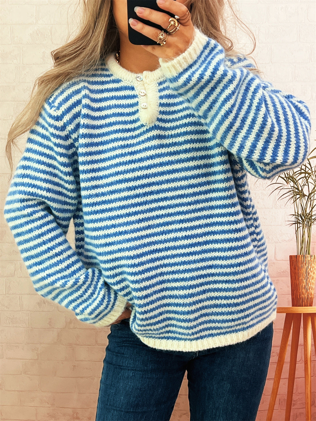 Kvinder casual stribet sweater med knapliste og rund halsudskæring Stilla