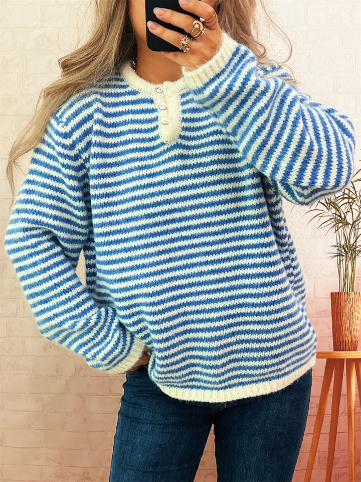 Kvinder casual stribet sweater med knapliste og rund halsudskæring Stilla