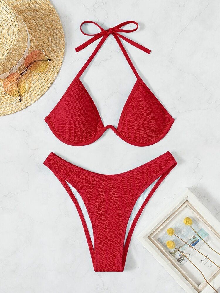 Dame Triangel-Bikini-Sæt med raffineret strukturdesign og justerbare stropper Stilla