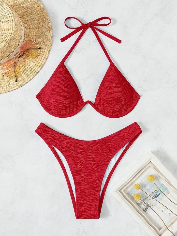 Dame Triangel-Bikini-Sæt med raffineret strukturdesign og justerbare stropper Stilla