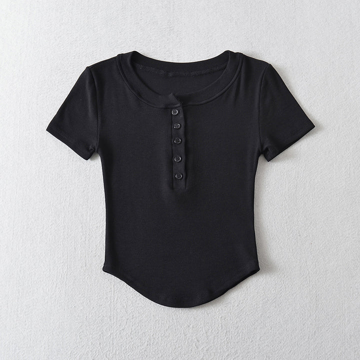 Dame kortærmet Henley-shirt med fine knapdetaljeringer og elastisk materiale Stilla