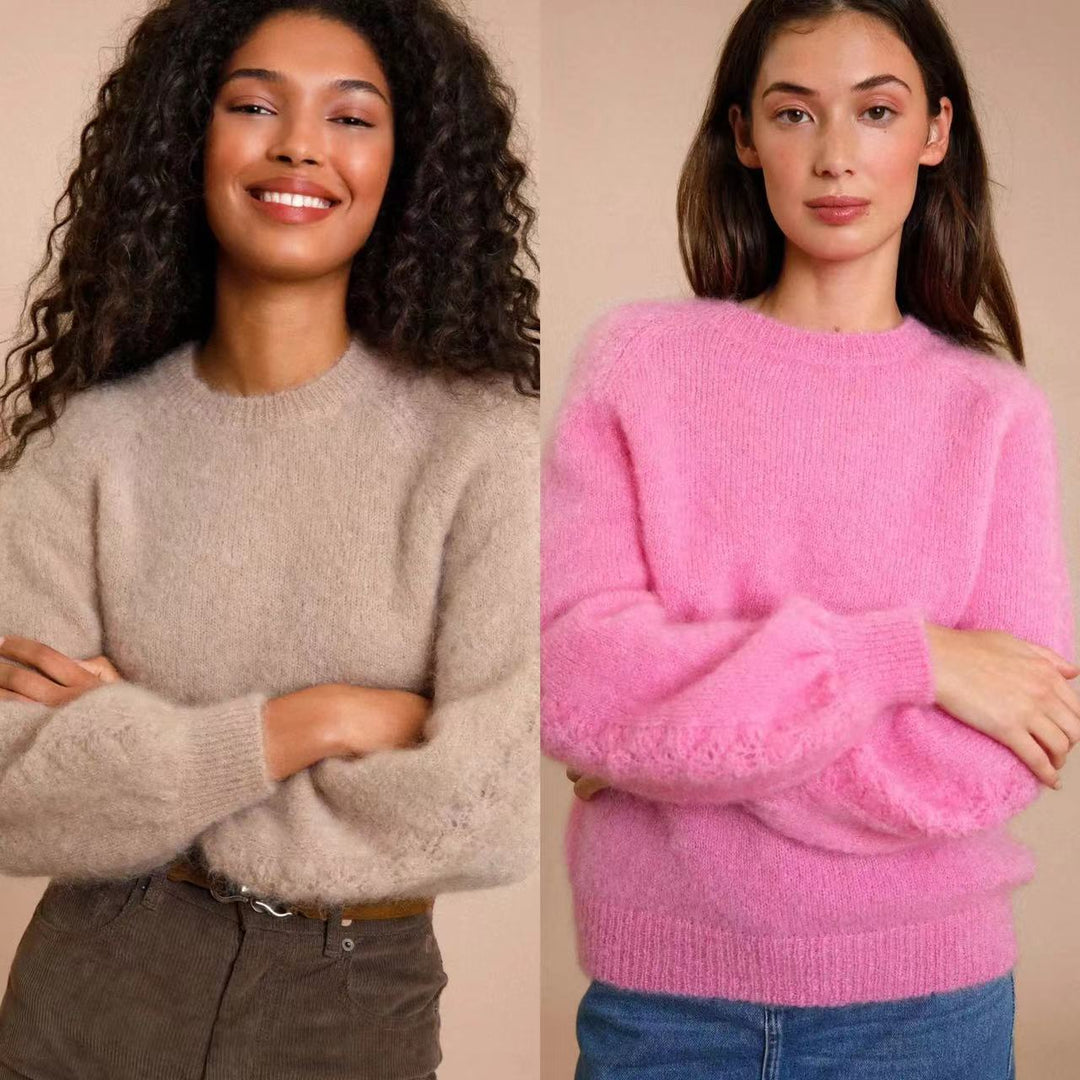 Dame ensfarvet stribet sweater med blødt faldende mohair-blandingsStilla