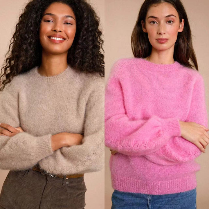Dame ensfarvet stribet sweater med blødt faldende mohair-blandingsStilla