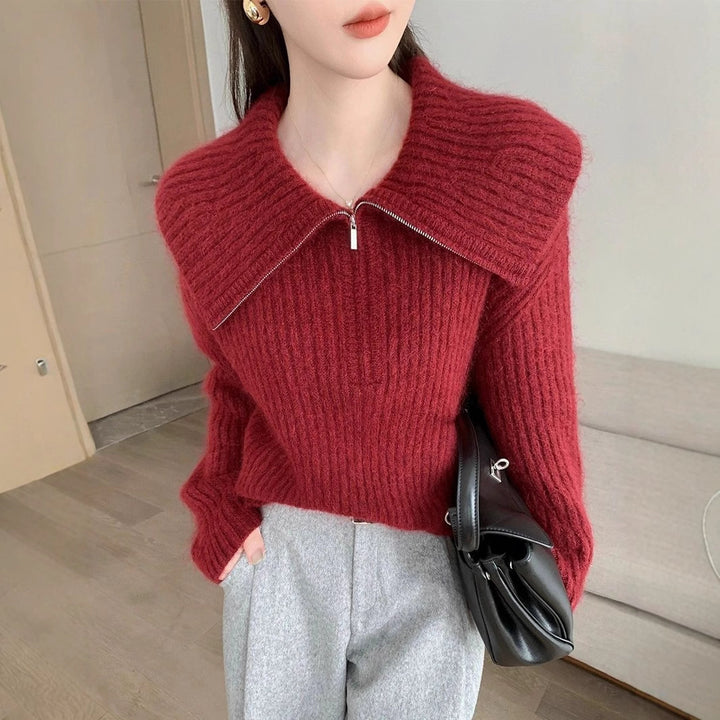 Kvinders strikket sweater med stor krave og lynlås Stilla