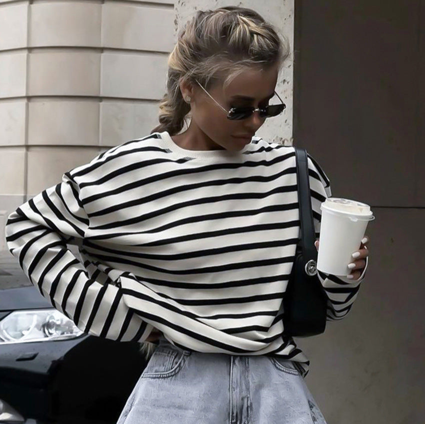 Dame Løs Oversized Sweater med Stribet Mønster og Lange Ærmer Stilla