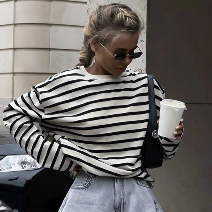 Dame Løs Oversized Sweater med Stribet Mønster og Lange Ærmer Stilla
