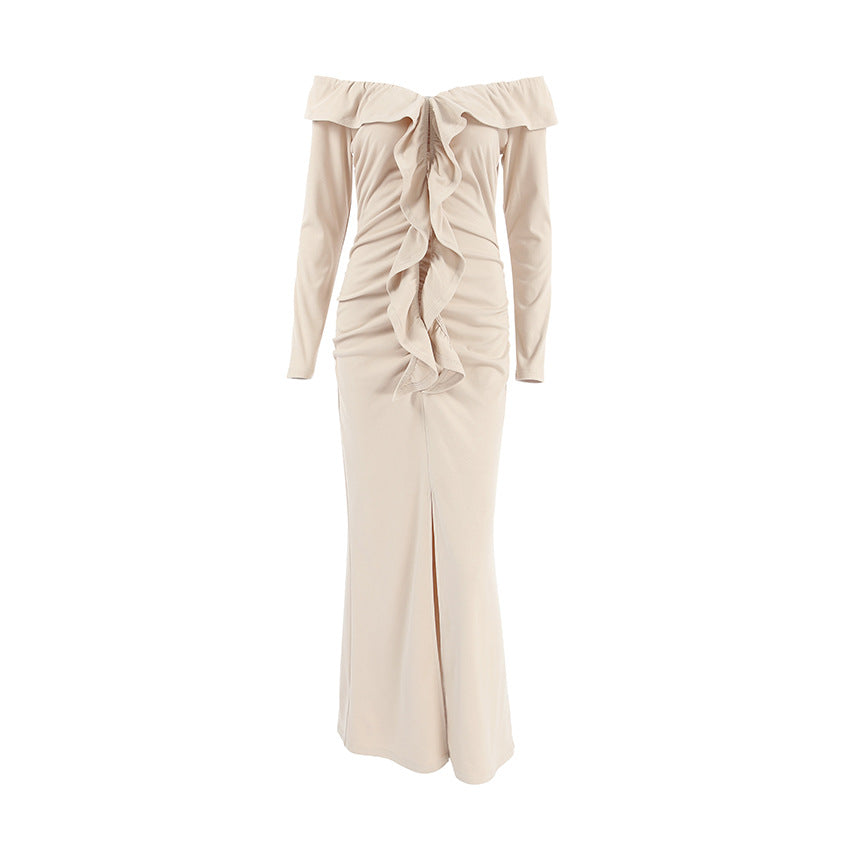 Dame Off-Shoulder Maxikjole med elegant flæse-design og sidel cirkel Stilla