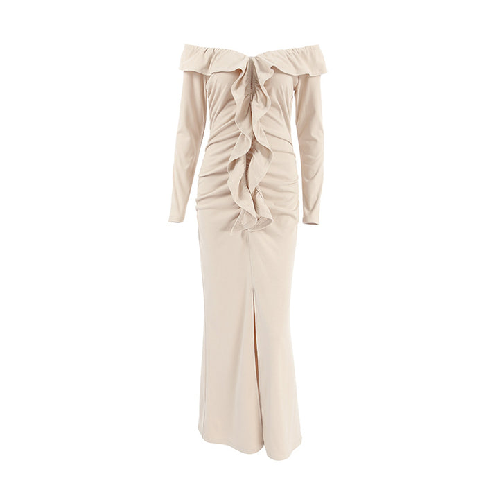 Dame Off-Shoulder Maxikjole med elegant flæse-design og sidel cirkel Stilla