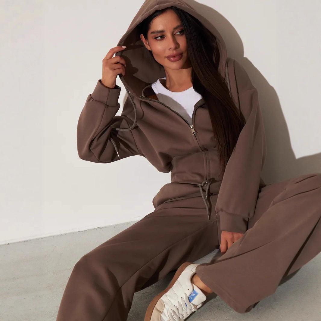 Kvinders afslappede hoodie top og brede sweatpants sæt med høj talje og lynlås Skovae
