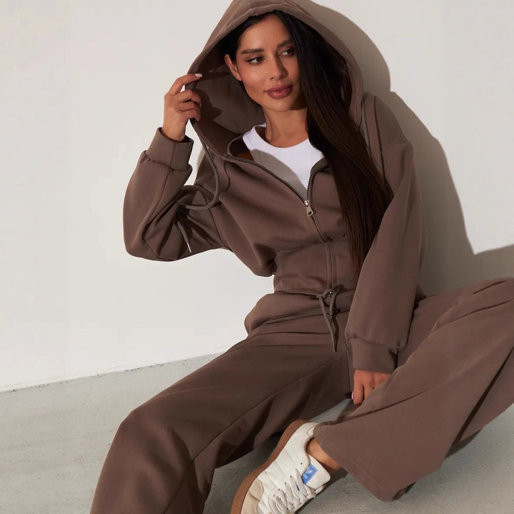Kvinders afslappede hoodie top og brede sweatpants sæt med høj talje og lynlås Skovae