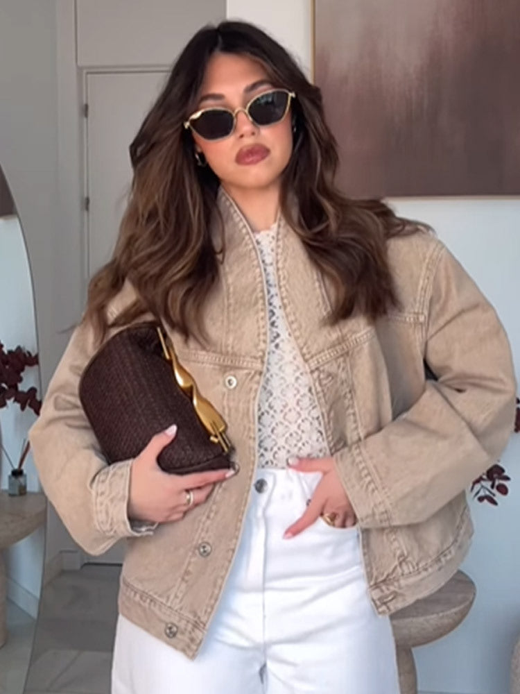 Dame mode oversized jeansjakke med trendy ståkrave Stilla