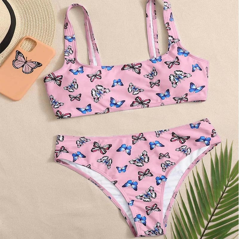 Dame Crop-Bikini-sæt med farverig sommerfugleprint Skovae