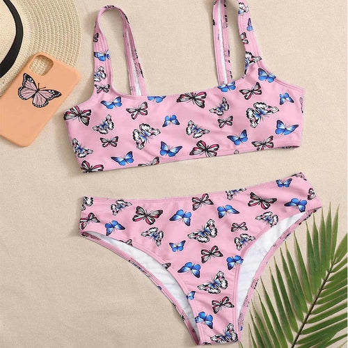 Dame Crop-Bikini-sæt med farverig sommerfugleprint Skovae