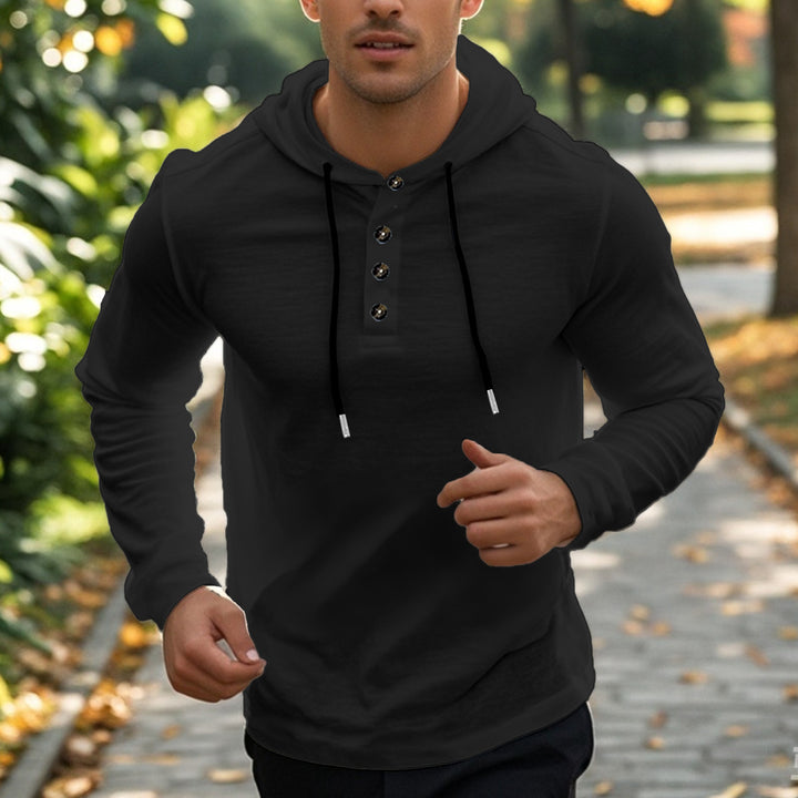 Herrer casual hættepullover i Henley-stil med knaplukning og justerbar snor Skovae