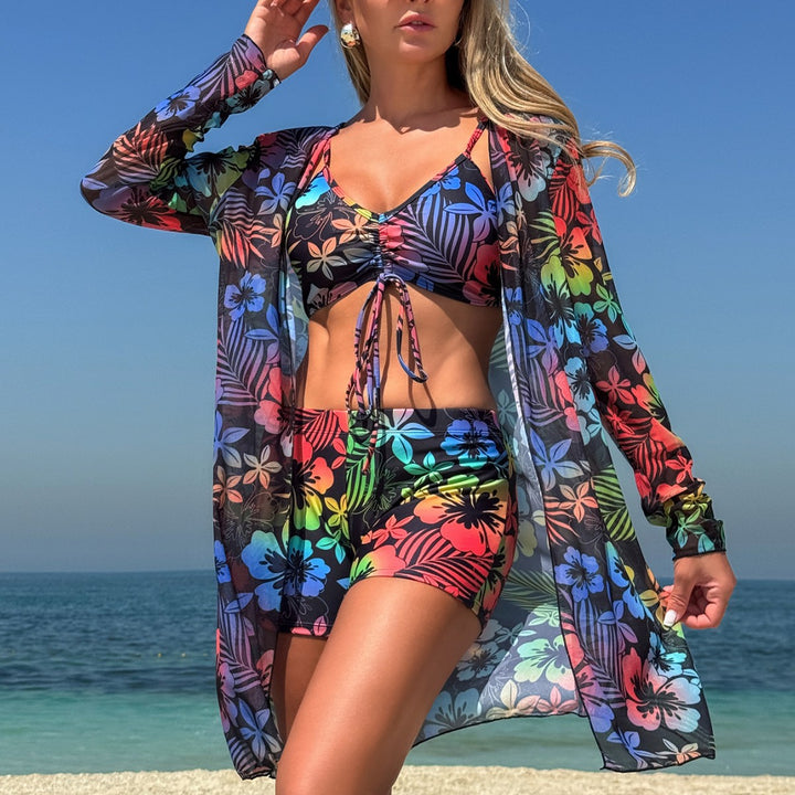 Dame bikiniset med blomsterdesign og afslappet kimono-jakke Stilla