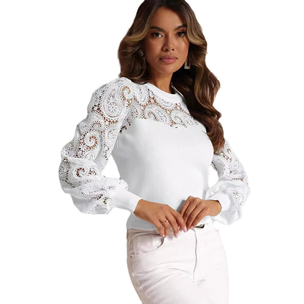Dame fin strikpullover med transparente spidsærmer og elegant rund halsudskæring Stilla