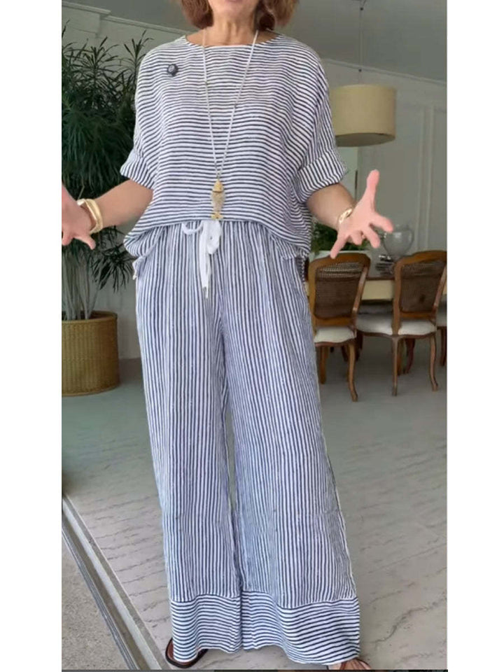 Stribet linned loungewear sæt til kvinder, to dele Stilla