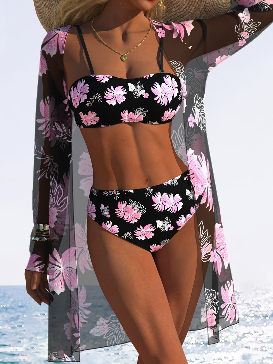 Dame Bikini-sæt med blomstret design og transparent strandjakke Skovae