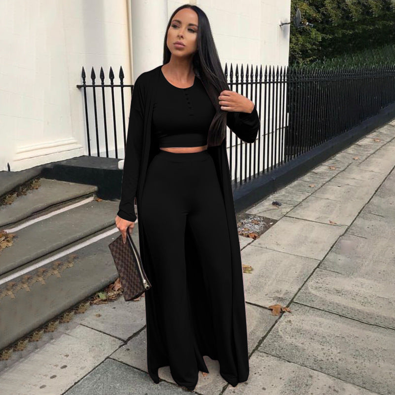 Dame Afslappet Sæt bestående af Crop Top og Bred Bukser med Lang Cardigan Stilla